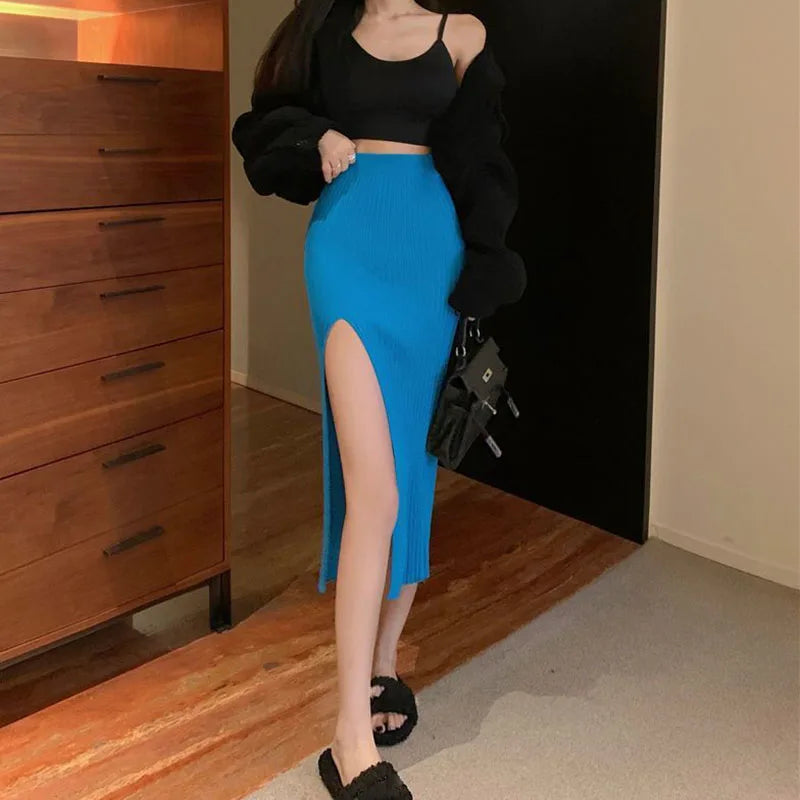Hnewly skirt outfits winter Sexy Split Bodycon Long Skirt Women Elegant Slim Fit High-Waisted Knitted Skirts Woman Autumn Winter Package Hip Midi Skirt