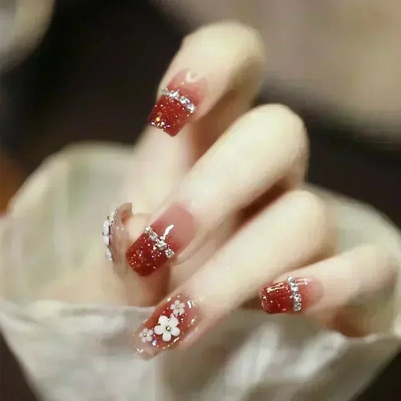 Hnewly 24pcs Detachable Short Press on Nails Y2k rhinestone False Nails with Glue Ballet Sweet Cool Girls Artificial False Nails Tips