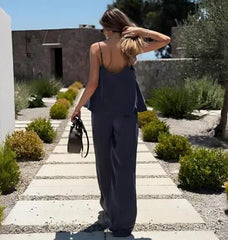 Hnewly  Autumn New Solid Color Sleeveless Cami Top & Wide - Leg Trousers Set, Comfortable Two - Piece Outfit, Ideal for Lounging