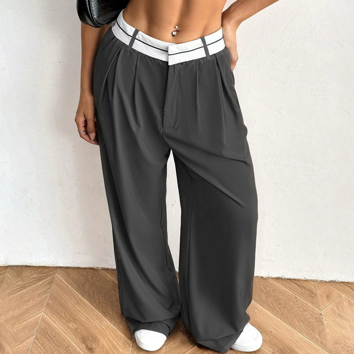 Hnewly  Basic Solid Color Lightweight Skin-friendly Suit Pants Fashion Pleated Wide Leg Casual Commuted Trousers for Women