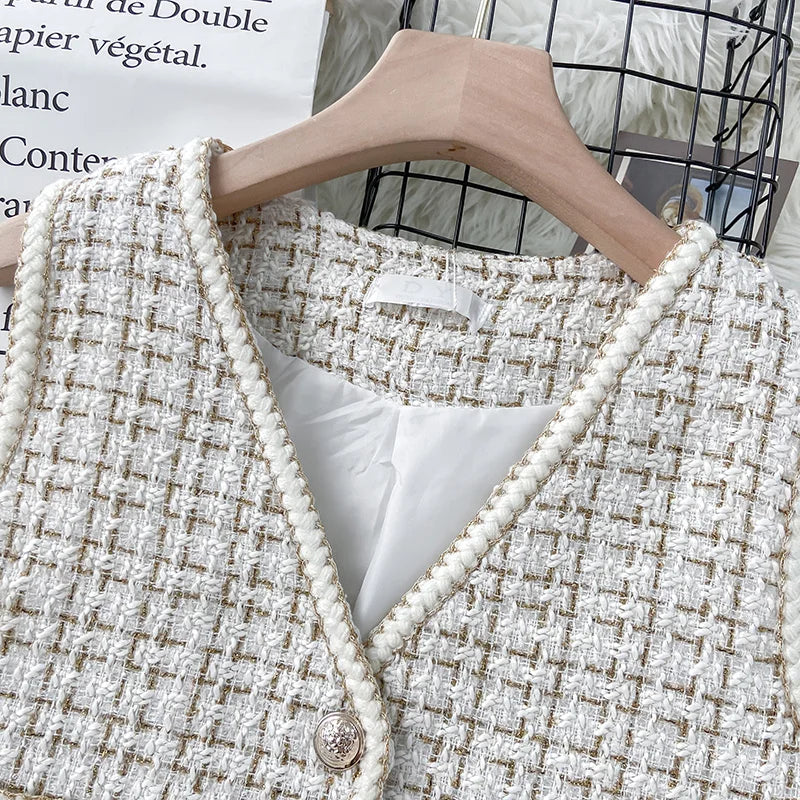 Hnewly  Women New Autumn Tweed Elegant Vintag Vest V-neck Sleeveless Slim Pockets Waistcoat Ladies Fashion Womens Short Small Vest