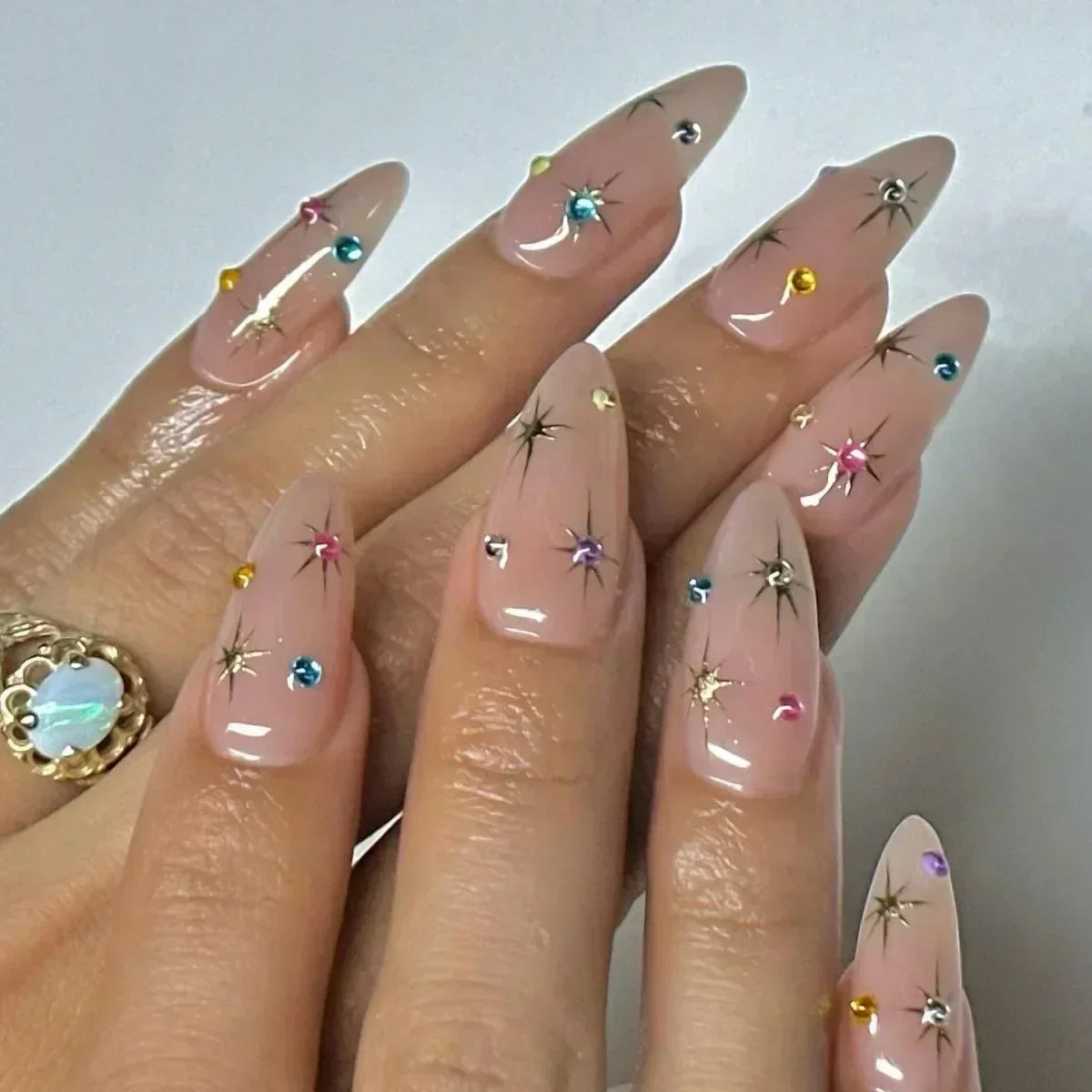 Hnewly 24Pcs Almond False Nails Cute Strawberries with French Design Simple White Wearable Fake Nails Decoration Press on Nail Tips Art