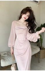 Hnewly Autumn Solid Elegant Fairy Dresses Women Casual Party Fashion Korean One Piece Dress Female Lace Vintage Chic Midi Dresses