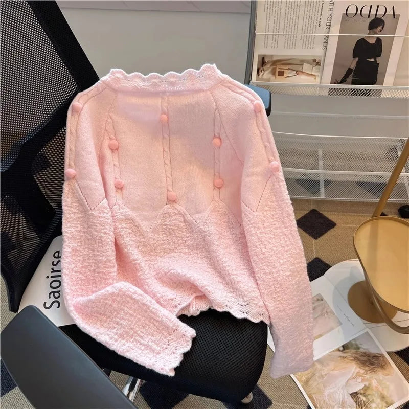 Hnewly  Korean Sweater Cardigan Women's Spring Autumn 2025 Versatile Soft Knitted Jacket Elegant Lace Single Breasted Long Sleeved Top