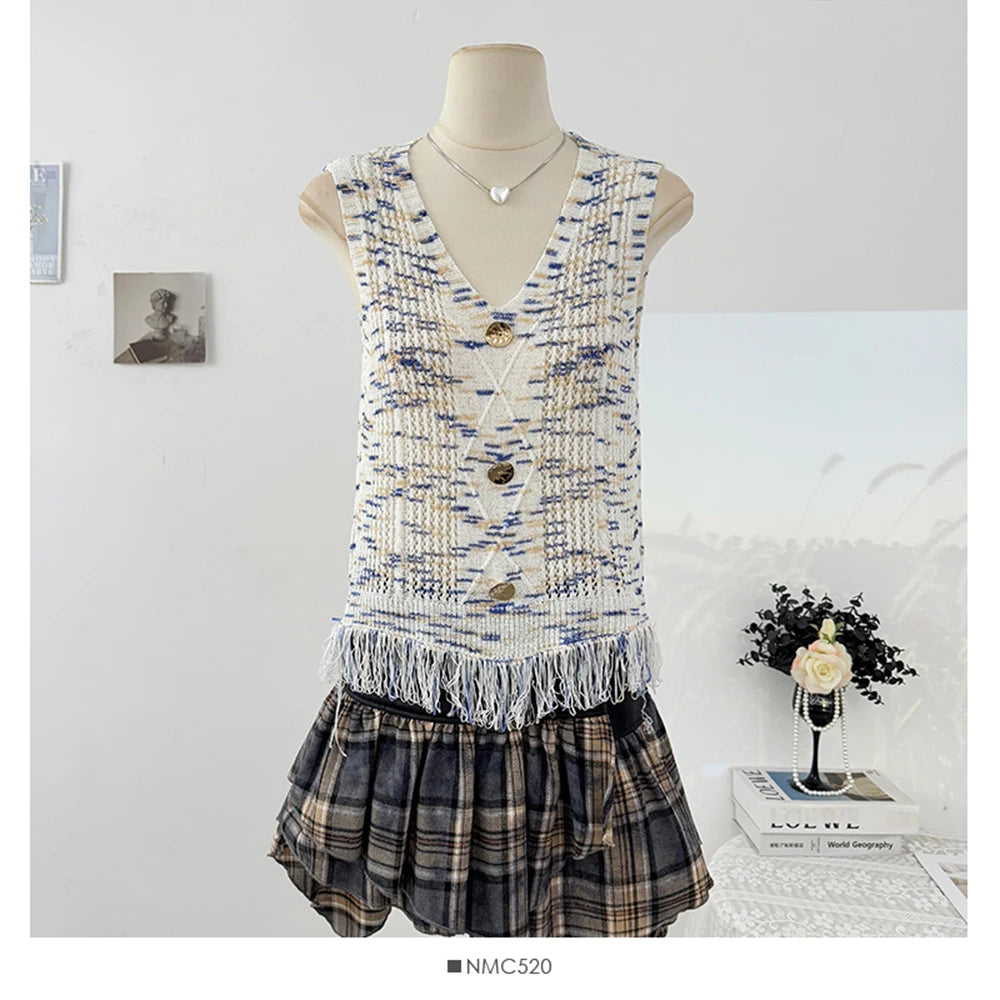 Hnewly  Retro Colored Striped Camisole Vest Women's 2025 New Summer New Sleeveless O-neck Knitted Shirt Elegant Hollow Out Short Top