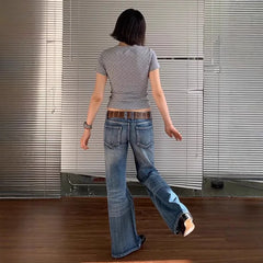 Hnewly  American Retro Street Hippop Denim Jeans Low Waist Slim Fit Boot-cut Trousers Casual All-match Simple Y2k Pants Cowboy 2000s