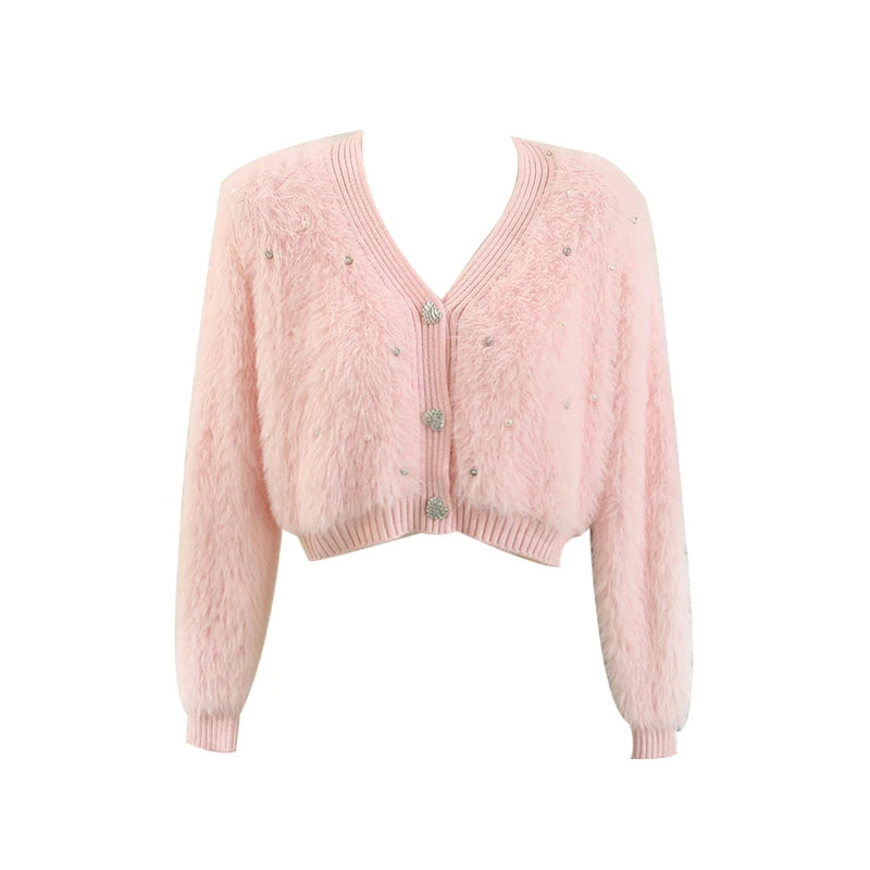 Hnewly  Heart Button Plush Soft Sweater Coat Autumn/Winter New Women's Fashion Shiny Diamond V-Neck Short Knitted Cardigan Top