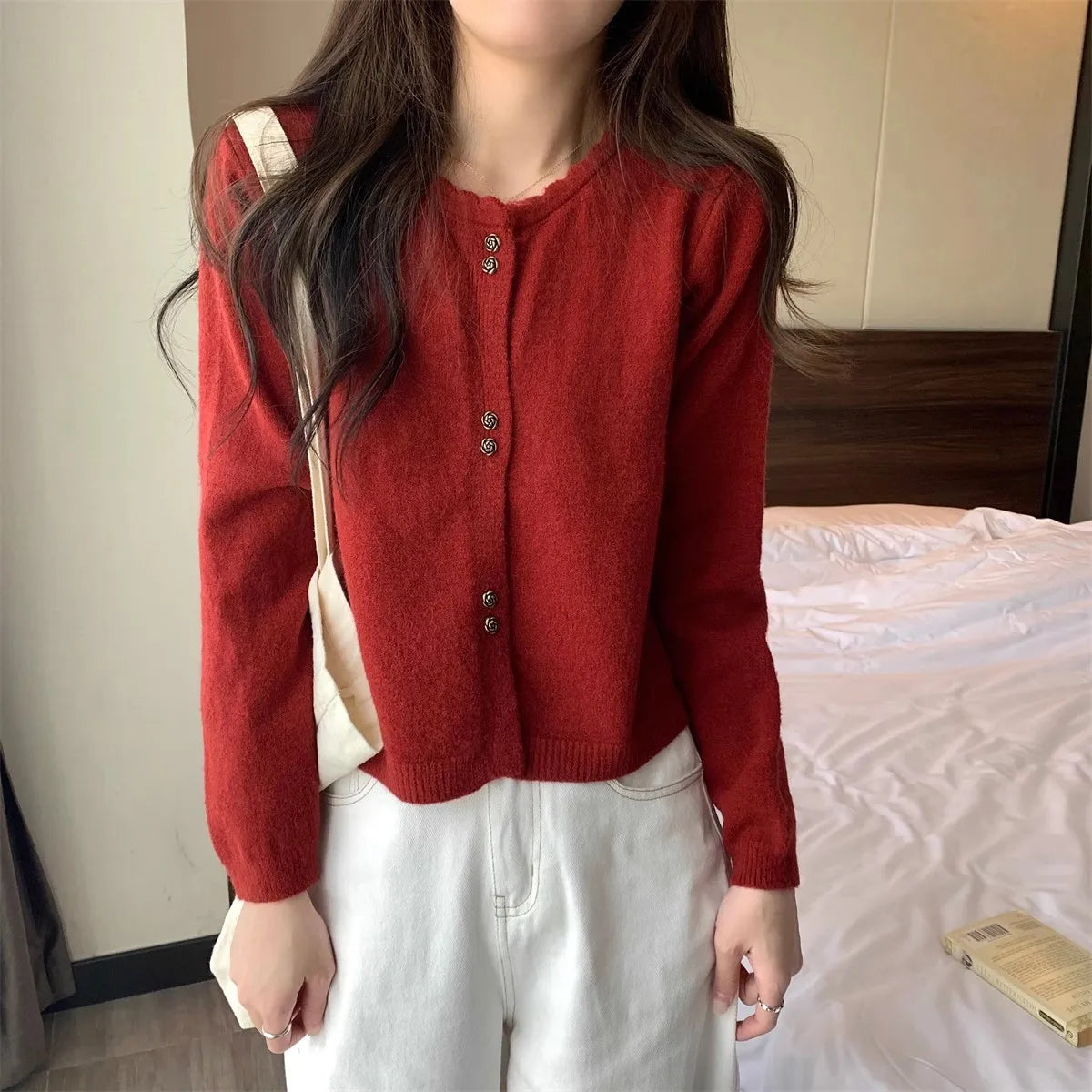 Hnewly  Sweet Short Hollowed Out Sweater Chic Buttons Long Sleeved Knitted  Cardigan Jacket Korean series Round Neck Loose Top