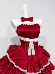 Hnewly  Summer New Red Satin Strapless Lolita Dress Women Lace Trim Tiered Ruffle Bow Party Mini Ball Gown Cosplay Costume