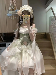 Hnewly  Midsummer Dream Pink and Green Front Short Back Long Wedding Dress Lolita Dress Lolita Tailing Puffy Princess Dress