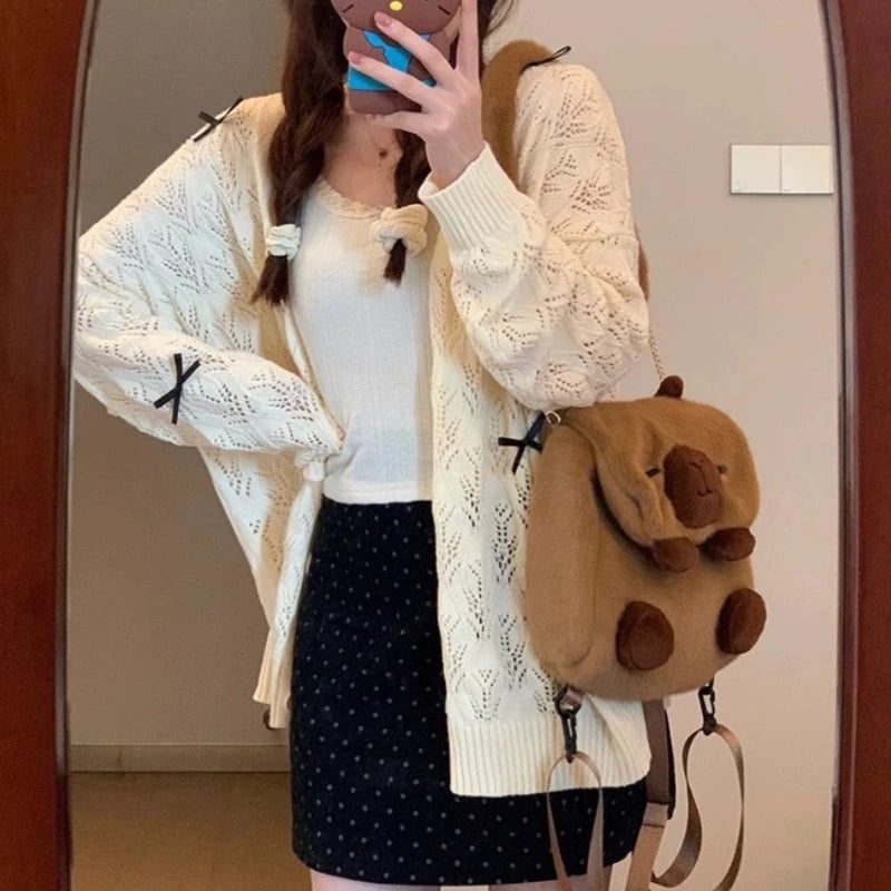 Hnewly FALL OUTFITS Coquette Cardigan Sweater Woman Kawaii Bow Hollow Out Knitted Tops Korean Fashion Sweet Preppy Cute Aesthetic Solid