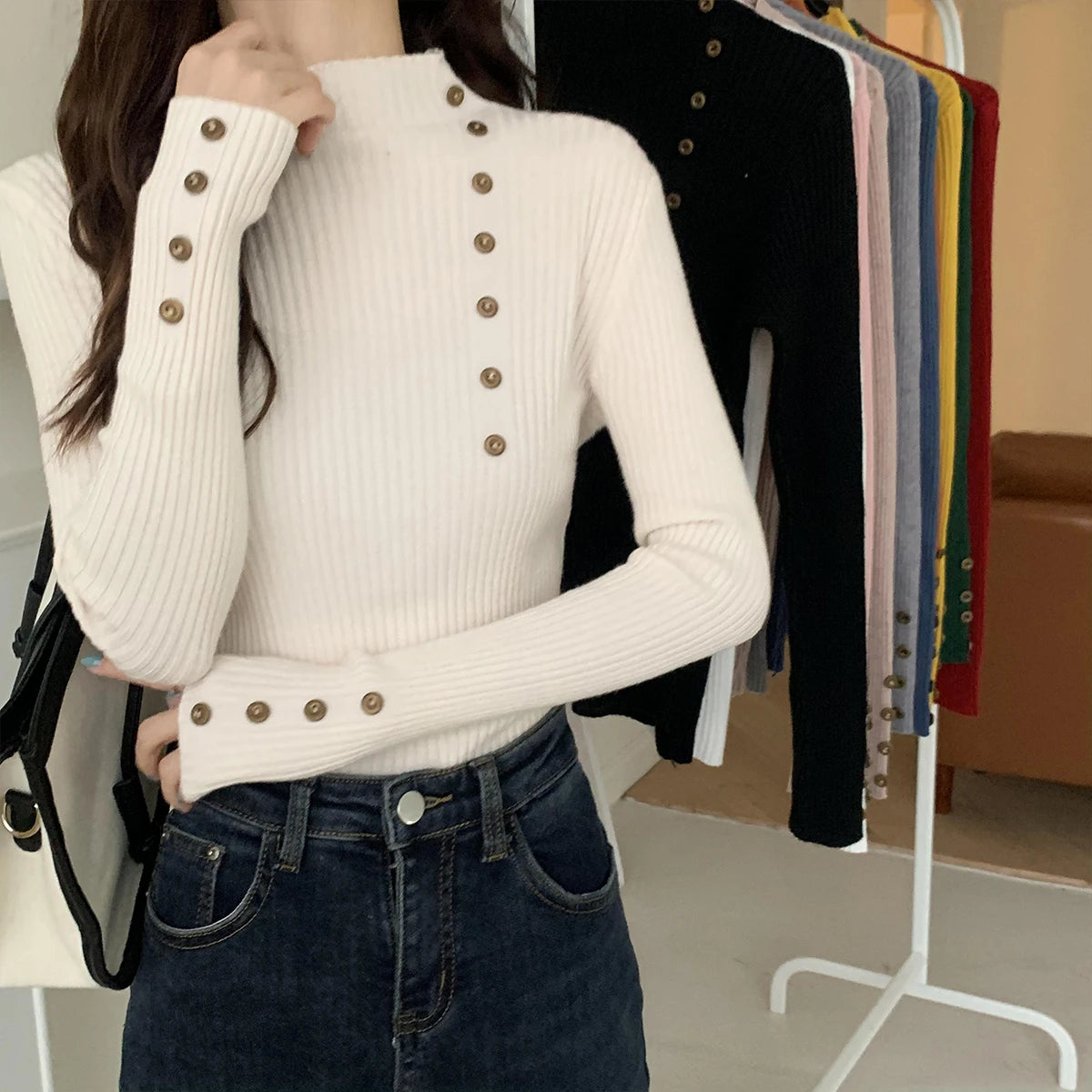 Hnewly  Rib Knit Top Mock Neck Long Sleeve Slim Fitted Sweater Mockneck Pullovers Women Plain Jumper Teen-girl Fall Winter Outfit