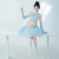 Hnewly  Women Maternity Dress Set Sky Blue Top with Tutu Skirt for Lady Studio Photoshoot Home Photography Clothing Dresses Clothes
