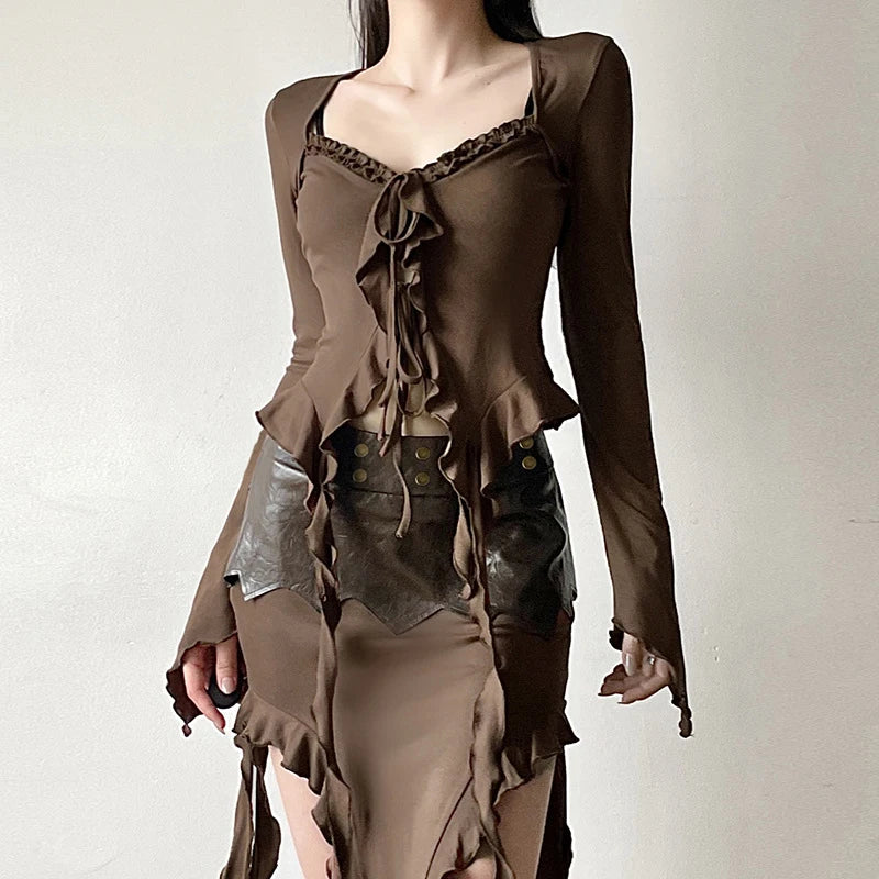 Hnewly 2025 spring fashion trend y2k Fairy Grunge Top Women Clothes Solid Color V Neck Flared Long Sleeve Ruffle Asymmetrical Hem T Shirt Streetwear