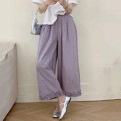 Hnewly  Korean Ruffles Wide Leg Pants Women Summer High Waisted Loose Straight Leg Pants Woman Solid Pocket Ankle Length Pants Female
