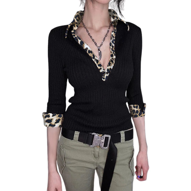 Hnewly y2k Tops Women Fairycore Clothes Sexy Leopard Print Lapel Collar Long Sleeve T Shirts 2000s Grunge Clothing Streetwear
