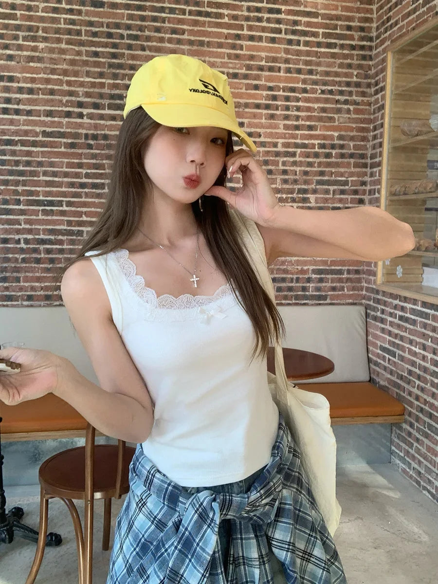 Hnewly Square Collar Lace Patchwork Camisole Vest For Women'S Summer New Sleeveless Top