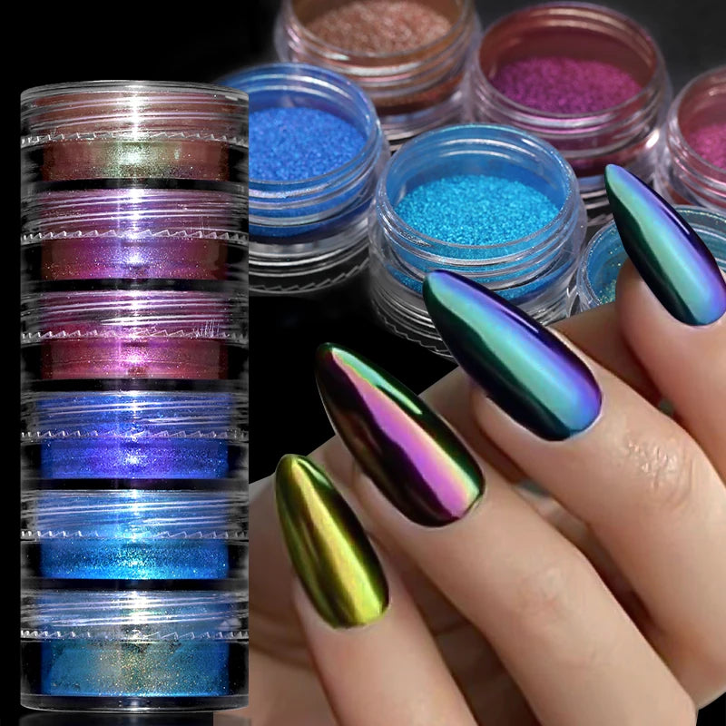 Hnewly 6Box/set Glitter Mirror Dust Nail Powder Chameleon Aurora Metallic Effect Pigments Laser For UV Gel Nail DIY Manicure Decoration