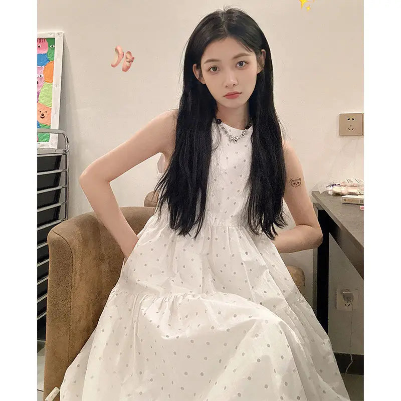 Hnewly  Woman Dress Preppy Style Polka Dot Sleeveless Loose Summer Fashion Sweet Elegant Princess Female Dresses Casual