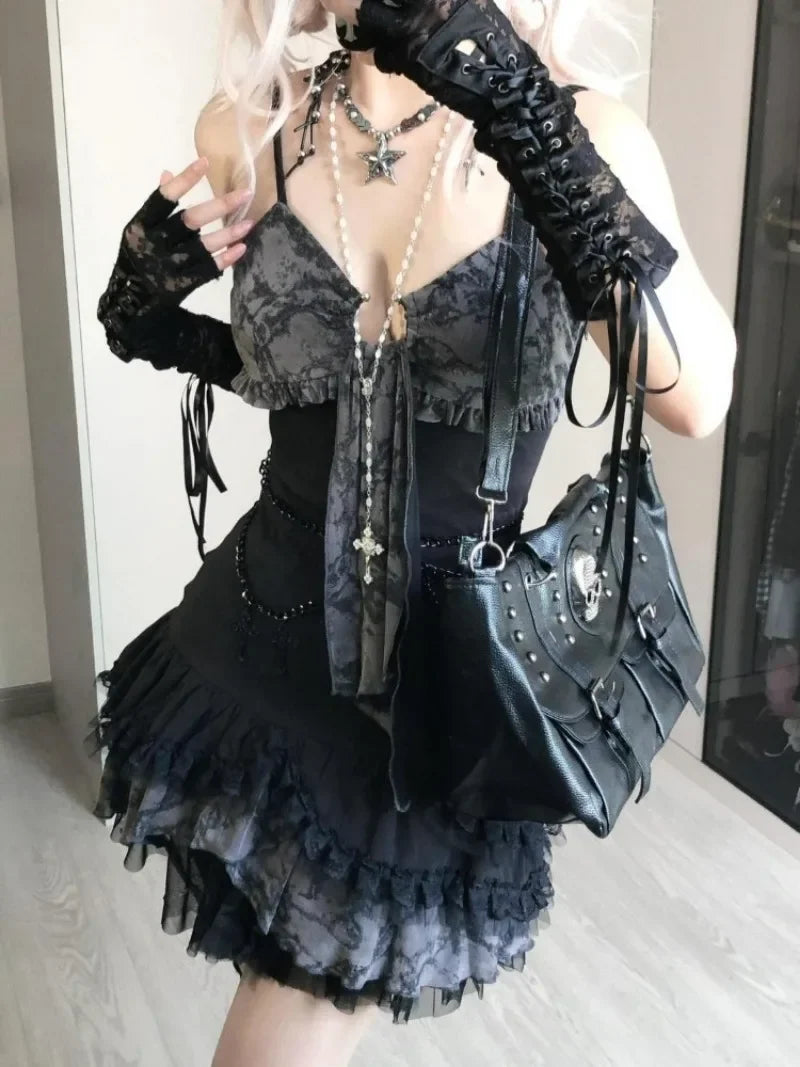 Hnewly 2025 Summer Fashion V-neck Camisole Dresses Sexy Lace Patchwork Dress for Women Y2k Grunge Slim Waist Ruched Vestidos Mujer