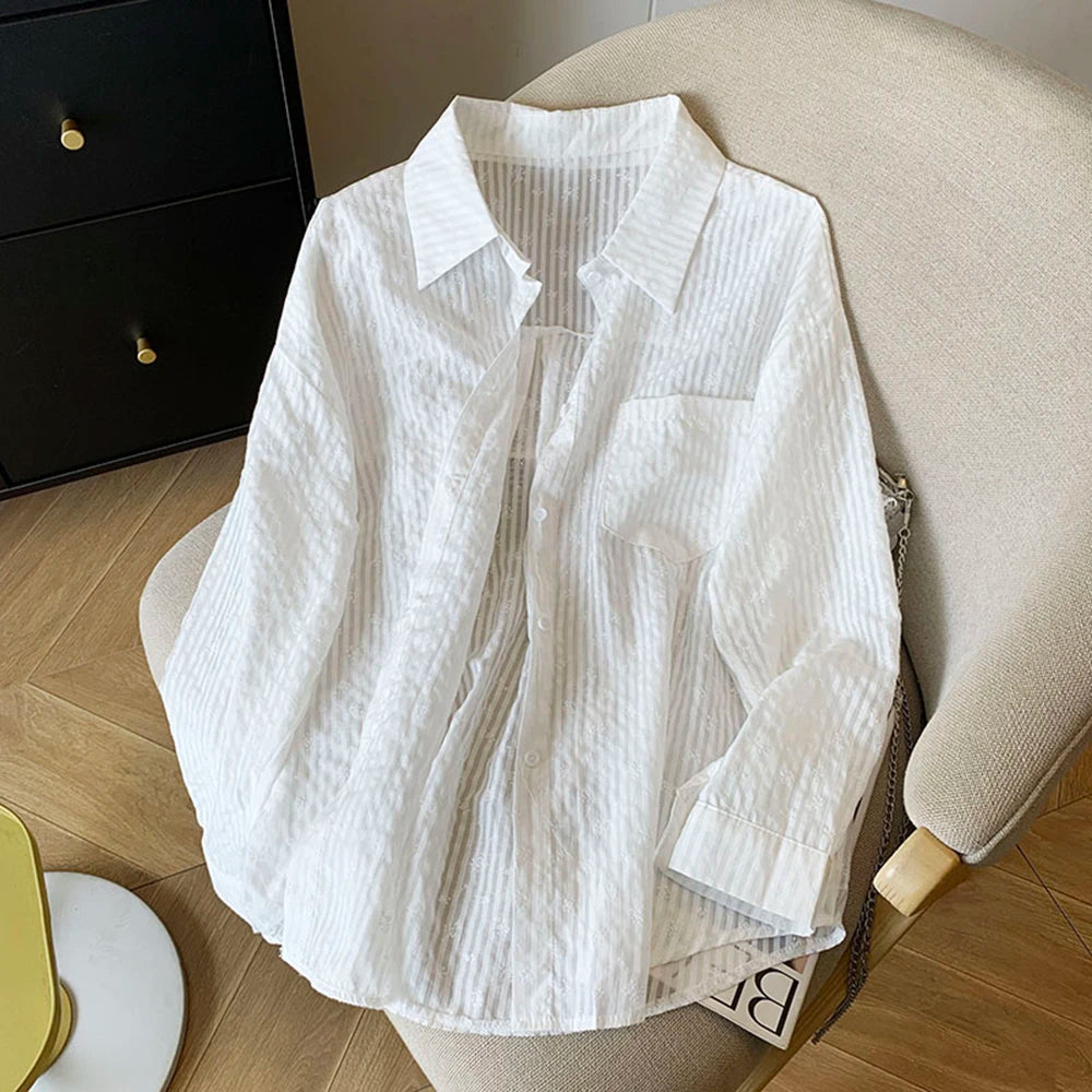 Hnewly  Pink Striped Sun Protection Shirt Women's Summer Thin Single-breasted Outwear Loose Fit Lazy Style Casual Open Front Female Tops