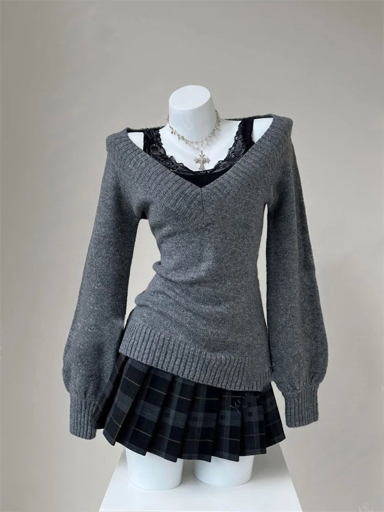 Hnewly  Autumn Winter Woman French Style Sexy Ladies Vintage V-neck Sweater Gray Knitted Pullover Retro All Match Sweaters