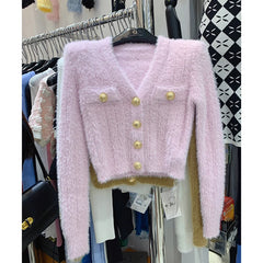 Hnewly  Fuzzy Knit Crop Cardigan with Gold Button Long Sleeve V-neck Fitted Sweater Jacket Teen-girl Autumn Winter Y2K Outfit