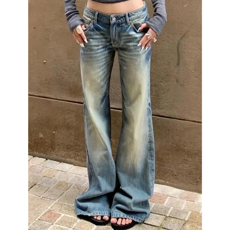 Hnewly Women's Casual Style Harajuku Y2K Wide Leg Jeans Vintage High Waist Loose Blue Pants Winter Female Baggy Denim Trouser