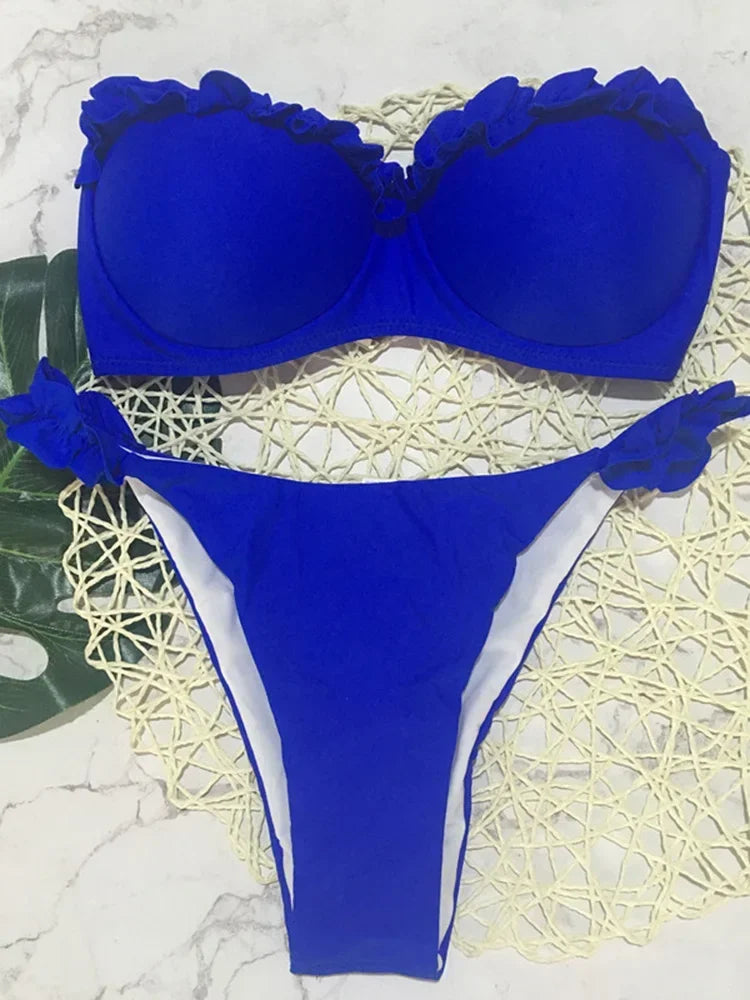 Hnewly  Sexy Ruffled Frilled Bra Cup Bikini Women Bandeau Swimsuit Female Swimwear Two Pieces Bikini Set Push Up Bathing Suit Swim