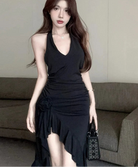 Hnewly  Woman Dress Sexy Sleeveless Slim Backless Irregular Ruffles Split Summer Fashion Temperament Party Dresses Female