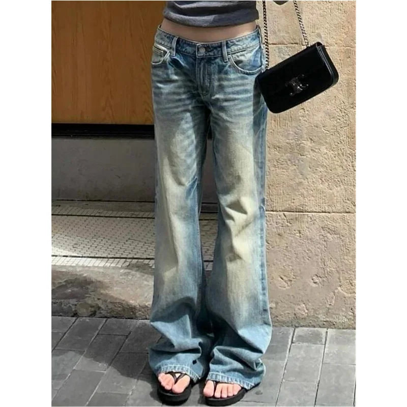 Hnewly Women's Casual Style Harajuku Y2K Wide Leg Jeans Vintage High Waist Loose Blue Pants Winter Female Baggy Denim Trouser