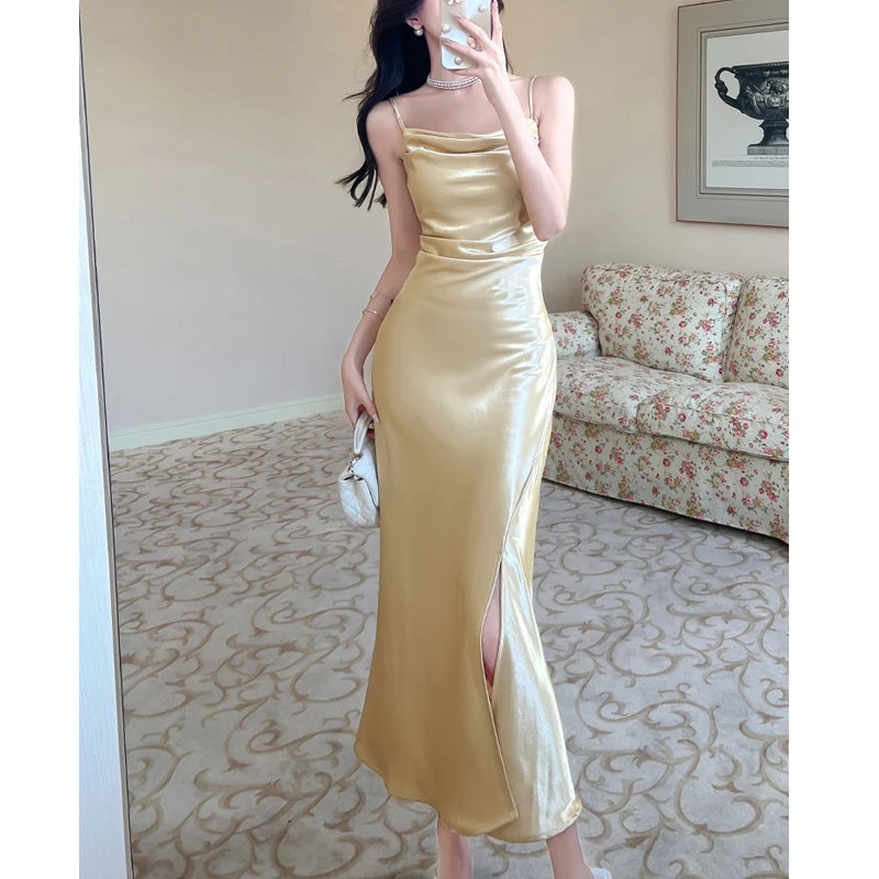 Hnewly  Women Sleeveless Yellow Camisole Dress Spring Summer Silk Satin Long Dress Slim Slit Sexy Party Dresses