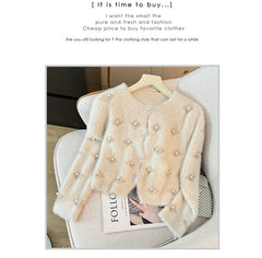 Hnewly  Beading O-Neck Plush Long Sleeved Sweater  Women's Autumn Loose Soft Glutinous Knit Cardigan Elegant Single Breasted Short Top