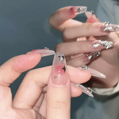 Hnewly 24Pcs False Nails French Gradient Ballet Fake Nails Press on Nails Black Heart Rhinestone Design Glitter Full Cover Nail Tips