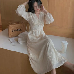 Hnewly New Vintage French Puff Sleeve Midi Dresses for Women Korean Sequins Party Dress V Neck Elegant Fairy Wedding Dress Robe
