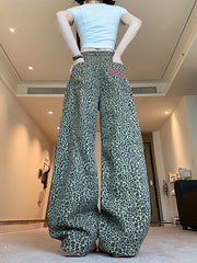 Hnewly  Baggy Leopard Print Jeans for Women Retro American High Waisted Y2k Denim Pants Hip Hop Straight Wide Leg Cargo Jeans