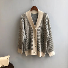 Hnewly  Women's Sweater Button Down V-Neck Striped Cardigan Knitted Tops Single Breasted Autumn Winter Casual Chic Knitwear Outfit