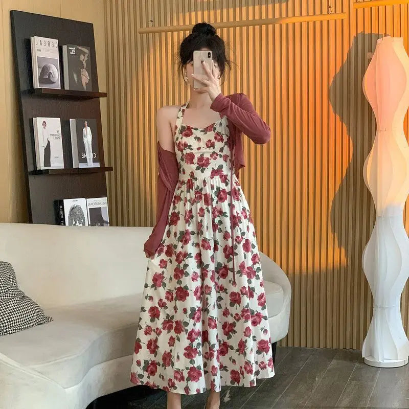 Hnewly  Rose Hanging Neck Skirt Women's Summer New Floral Dress Sunscreen Cardigan Two-piece Set