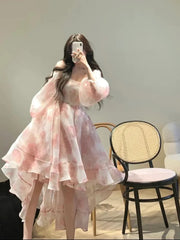 Hnewly  New Vintage Floral Sweet Midi Dress Women Irregular Elegant Puff Sleeve Fairy Dress Female Autumn Casual Beach Party Dress
