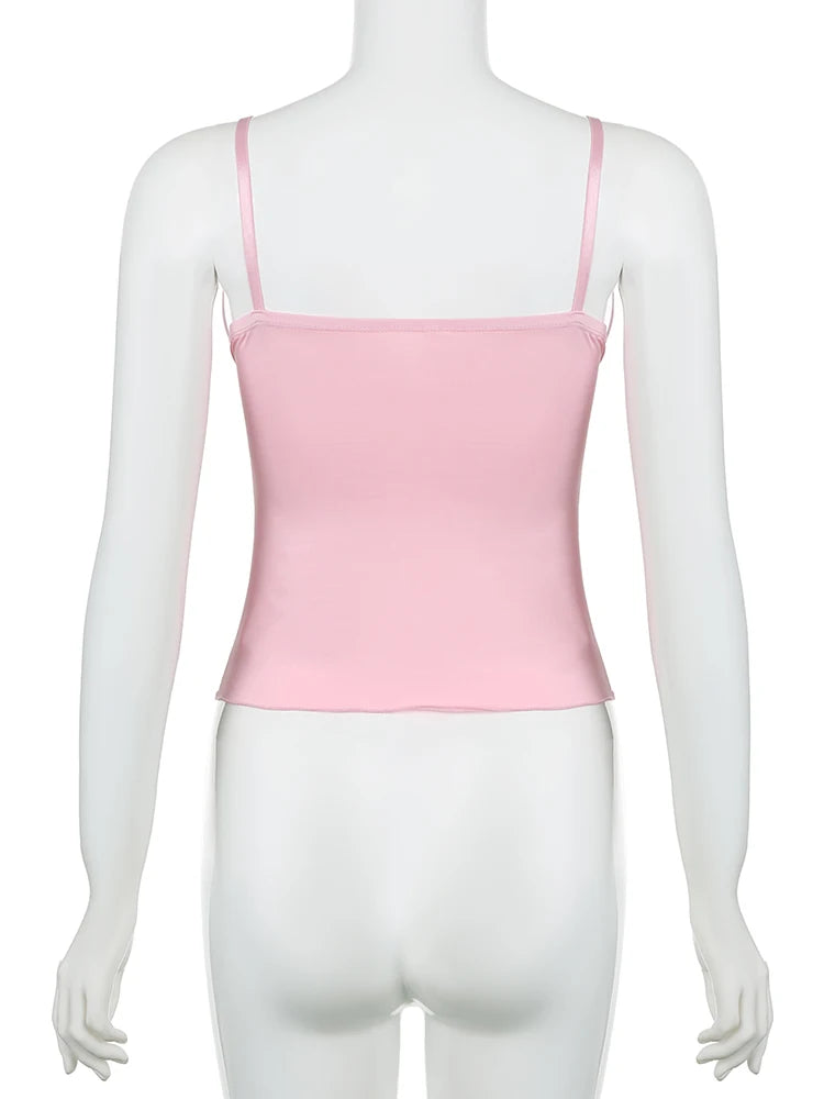 Hnewly Sweet Solid Lace Trim Bandage Camis Top Casual Slim Deep V-Neck Sleeveless Tank Tops Women Summer Streetwear Fashion