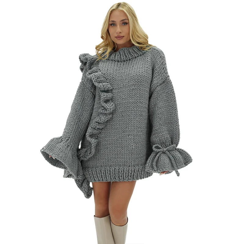 Hnewly  Fashion Women's Dress O-neck Full Ruffle Sleeve Solid Loose Knitted Female Dresses Autumn Chic Lovely Straight Lady Robes