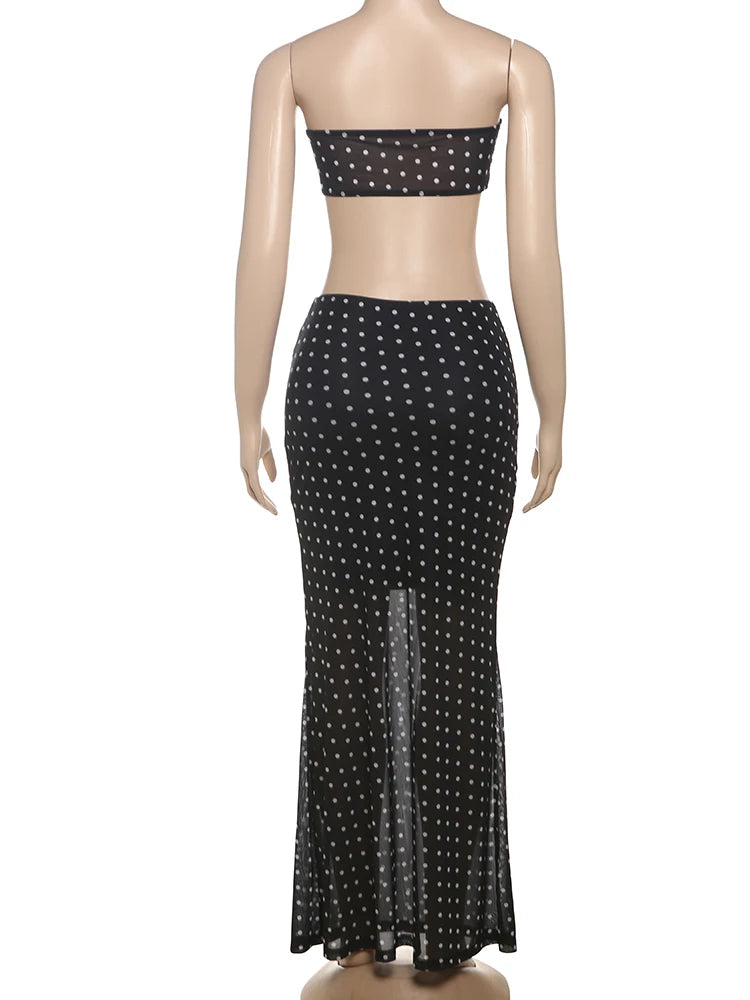 Hnewly Speckled Print 2 Piece Set Sexy Women Seashell Knot Tank Top+See Through Long Skirts Matching Midnight Clubwear Suits