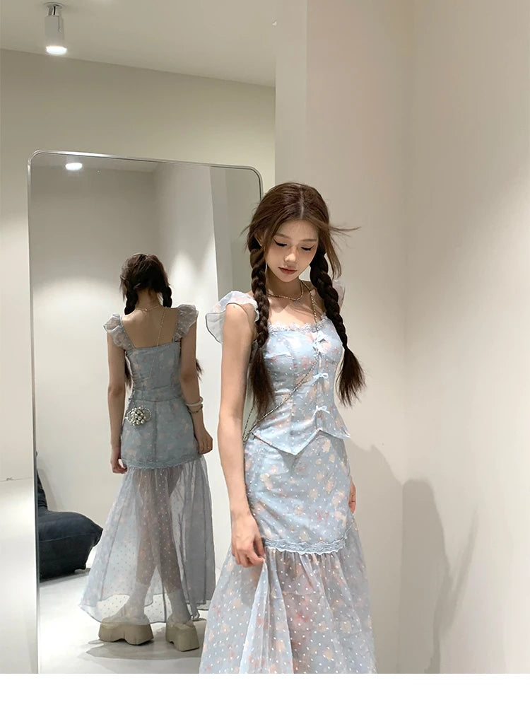 Hnewly Blue 2 Piece Dress Sets 2024 Summer French Retro Elegant Bodycon Y2k Crop Tops + Sweet Skirts Fairy Style Beach Party Aesthetic