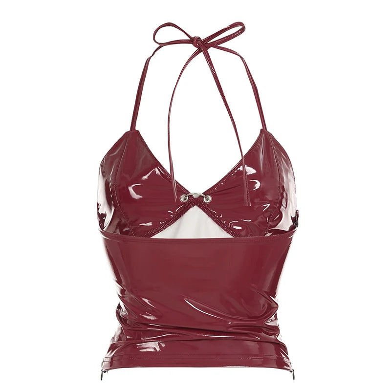 Hnewly Christmas Solid Metal Button Women’s Halter Tops Sleeveless Pu Leather Punk Baddie Slim Women Blouses Streetwear Clothing