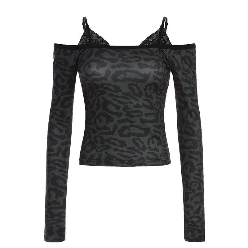 Hnewly Leopard Print Black T Shirt Women Lace Patchwork Full Sleeve Tee y2k Chic Off-shoulder Cropped Top Vintage 2000s Clothing