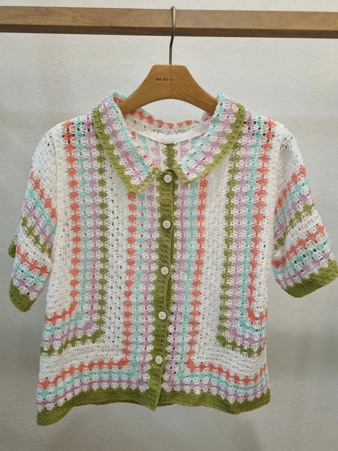 Hnewly  Rainbow Striped Crochet Shirt Collored Button-down Short Sleeve Openwork Knit Shirts Blouses Women Summer Boho Beach Outfit