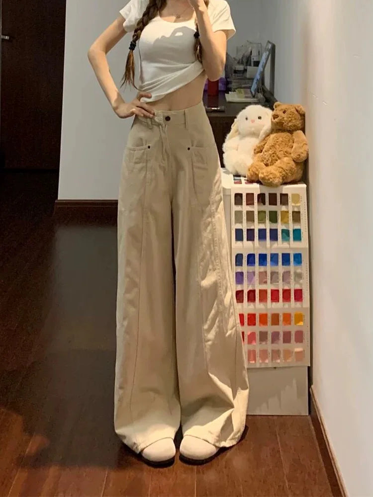 Hnewly  Retro American Beige Denim Jeans for Women streetwear baggy High Waisted Flare 1950s/1960s Jeans Vintage Cargo Pants