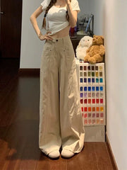 Hnewly  Retro American Beige Denim Jeans for Women streetwear baggy High Waisted Flare 1950s/1960s Jeans Vintage Cargo Pants