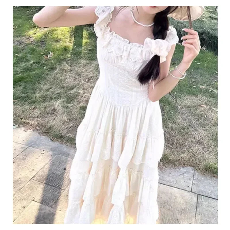 Hnewly Mid-Length Lace Insert Belted Hemline Sleeveless Empire Waist Gown for Women Elegant Coastline Holiday Style Cake Skirt