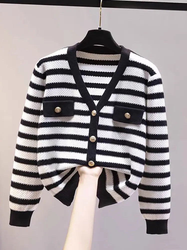 Hnewly  Elegant Striped Knit Cardigan Sweater Spring Autumn New V-neck Long Sleeved Jacket Women's Fashion Gold Button Coat Top